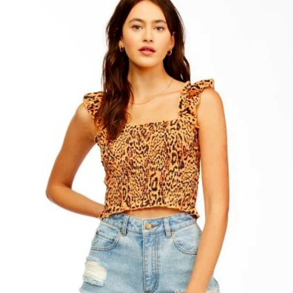 NWT BILLABONG All Day Long Leopard Print Smocked Crop Tank Top Flutter Straps L